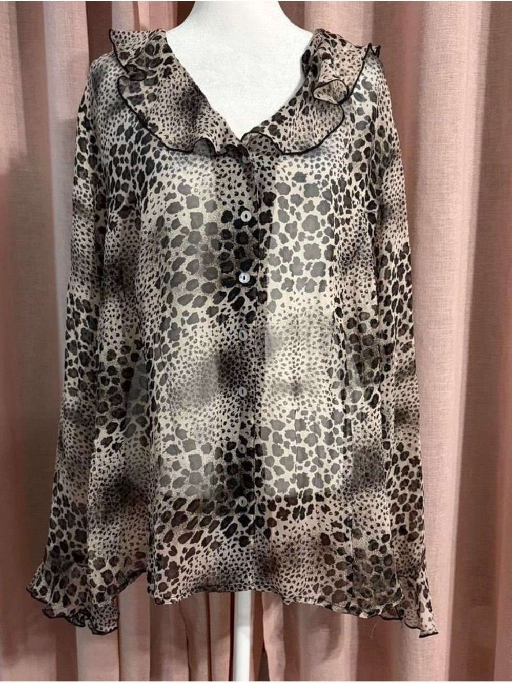 Sheer Leopard Animal Print Ruffle Silk Blouse